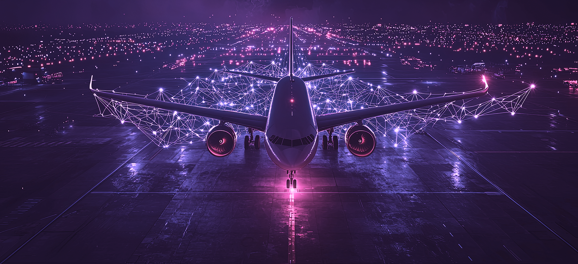 Airliner on runway with glowing digital network